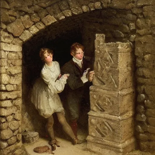 Image similar to young victorian man and woman solving a riddle carved into a stonewall in a dungeon, by alfred stevens