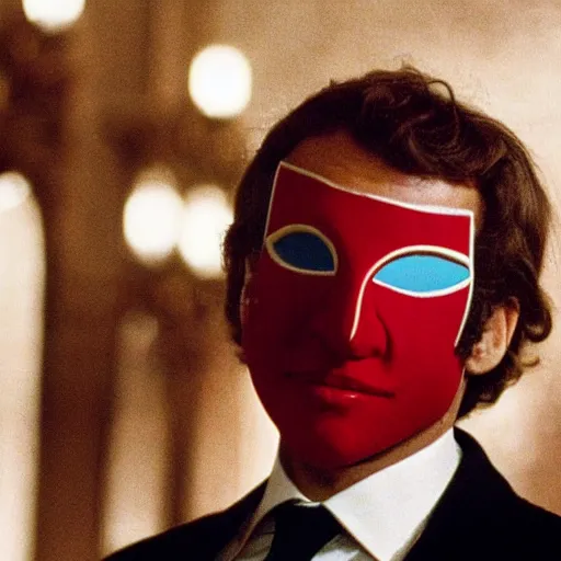 Image similar to Emmanuel Macron wearing a venitian mask, in Eyes Wide Shut (1999)