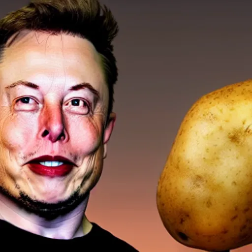 Image similar to a surprised elon musk as a youtube influencer reacting to a potato, highly detailed, photography, 4 k, cinematic lighting