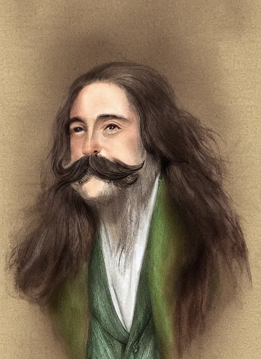 Prompt: an old baron d'arignac, long hair, wear an elegant mustach, white scarf, green shirt, by artgem, digital art, highly detailled