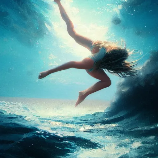 Prompt: a girl falling into ocean art shot, galaxy, artstation, by greg rutkowski,