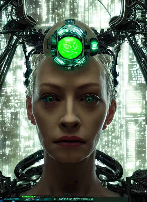 Image similar to 35mm portrait of a 7 of 9 borg with face implants on the background of a weird magical mechanical forest. Round gears visible inside her hear. Very detailed 8k. Fantasy cyberpunk horror. Sharp. Unreal 5 render with nanite, global illumination and path tracing. Cinematic post-processing