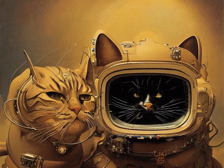 Prompt: a detailed profile painting of a cat in a spacesuit, chrome and glass symmetrical and science fiction theme by beksinski carl spitzweg and tuomas korpi. baroque elements, full-length view. baroque element. intricate artwork by caravaggio. Trending on artstation. 8k