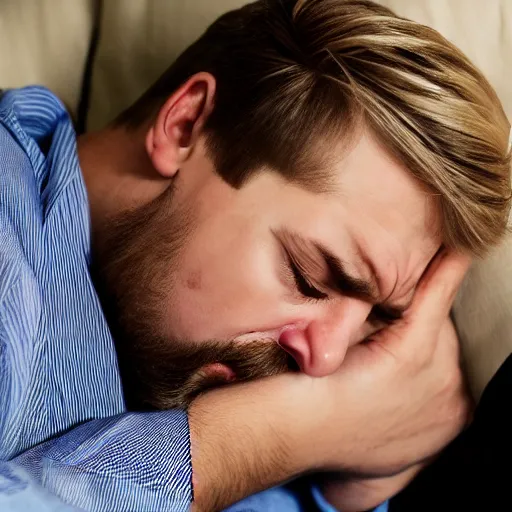 Prompt: blonde adult man is crying because he can't sleep