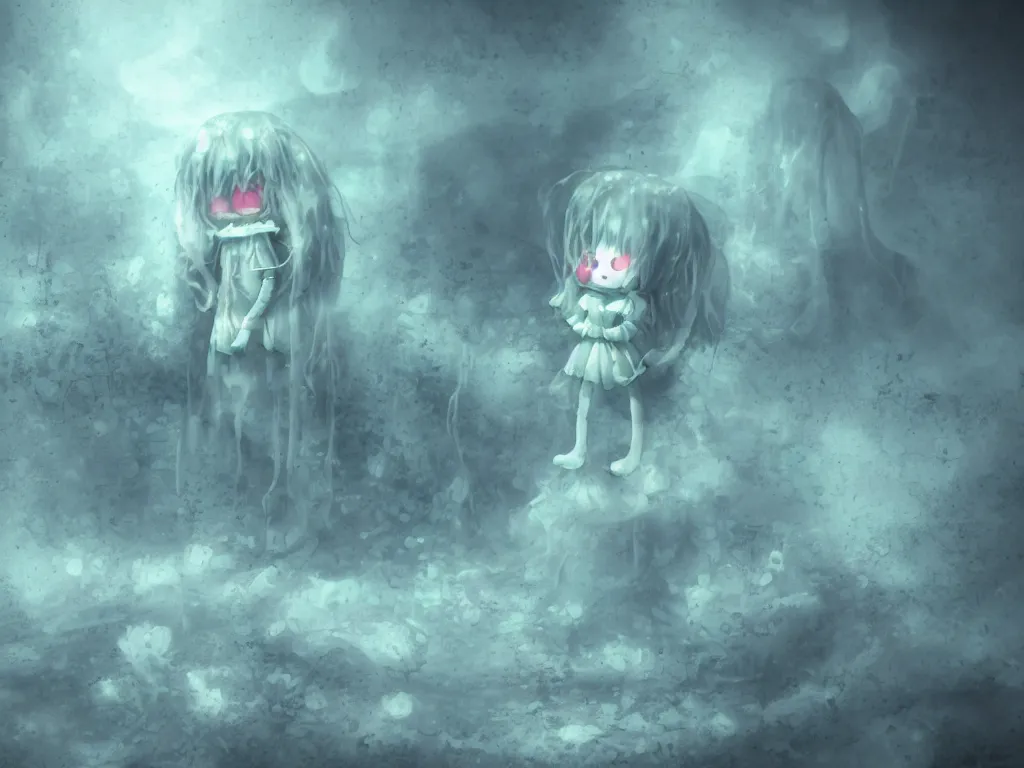 Image similar to cute fumo plush smiling ghost girl lingering in a mysterious concrete organic ruin, ectoplasmic jellyfish, technicolor horror, chibi gothic maiden in tattered rags, glowing wisps of hazy green smoke and eerie blue volumetric fog swirling about, moonlight, glowing lens flare, vray