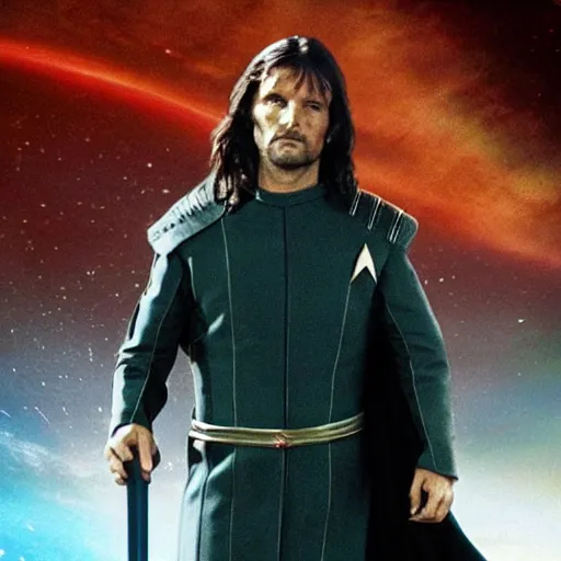 Prompt: Aragorn in Star Trek uniform is the captain of the starship Enterprise in the new Star Trek movie