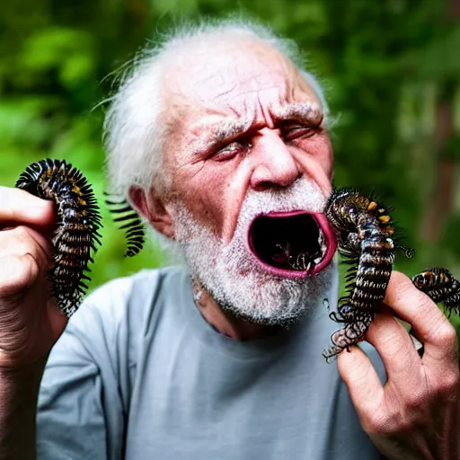 Image similar to National Geographic photo of angry old man with millipedes in his mouth