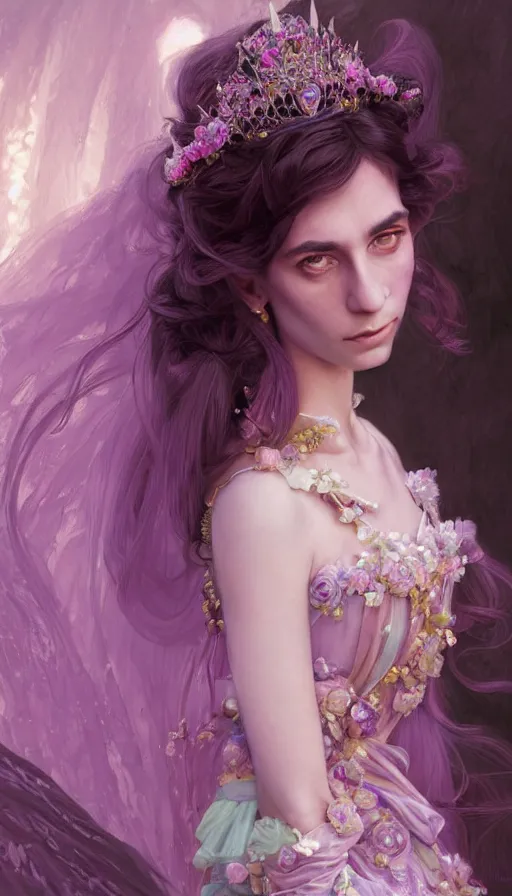 Prompt: portrait of richard belzer as a princess, dreamy and ethereal, lavender and pink eyes, peaceful expression, ornate frilly dress, fantasy, intricate, elegant, rainbow bubbles, highly detailed, digital painting, artstation, concept art, smooth, sharp focus, illustration, art by artgerm and greg rutkowski and alphonse mucha
