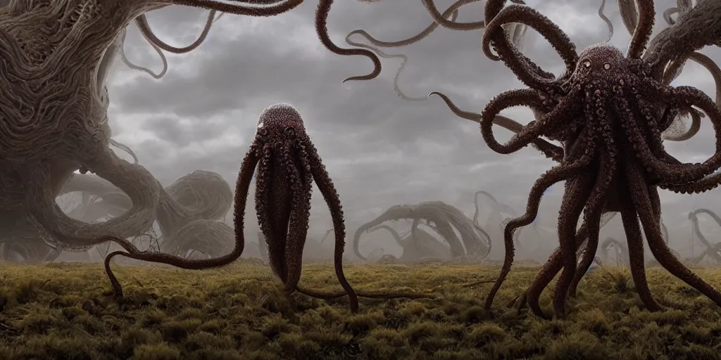 Prompt: a bill murray skin suit octopus eldritch horror standing in front of a photorealistic 3D art of dystopian landscape with fluffy trees, 4k, extremely detailed, ultra realistic, by Annibale Siconolfi, Maxon Cinema 4D, Otoy Octane, Adobe Photoshop, Adobe After Effects, complex 3D scene
