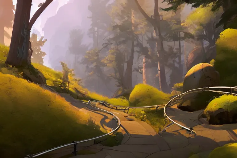 Prompt: Winding paths going up a mountain leading towards a mechanical shrine, metallic pipes like tree roots, outer wilds screenshot, portal 2 screenshot, digital art, artstation, by Charles Sheeler and Jordan Grimmer and Victor Mosquera