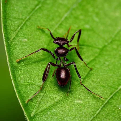 Image similar to robotic ant on a green leaf, macro photography, 8 k, moody lighting, shallow depth of field,