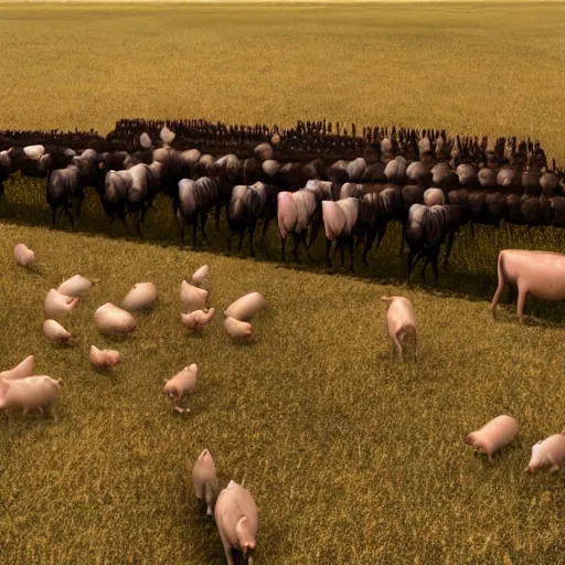 Prompt: an army of cows, chickens and pigs enslaving humans, horror, 8k, photorealistic,