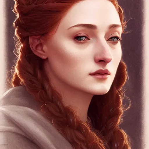 Image similar to portrait of beautiful sansa stark, intricate, elegant, highly detailed, digital painting, artstation, concept art, smooth, sharp focus, illustration, art by artgerm and greg rutkowski and alphonse mucha and william - adolphe bouguereau