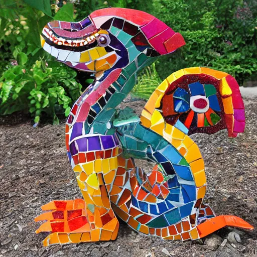 Image similar to mosaic sculpture of a alebrije chimera, irregularly shaped mosaic tiles, hand glazed pottery shards, in the style of folk art, in a cottagecore flower garden