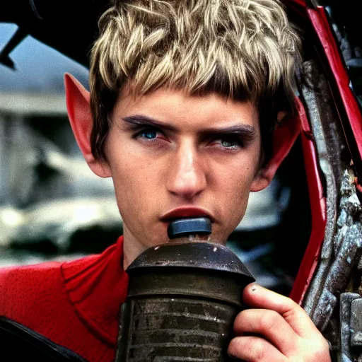 Image similar to close up headshot of a skinny high-fantasy elf with a long face narrow chin and spiky blonde hair wearing dark brown overalls and holding a bomb next to a destroyed car, high resolution film still, HDR color