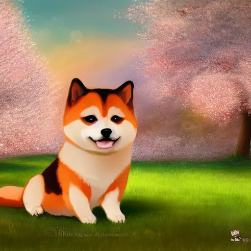 Image similar to a cute fluffy shiba inu plays under the cherry blossom tree, highly detailed, digital painting, artstation, concept art, movie still, smooth, sharp focus uhd 8 k