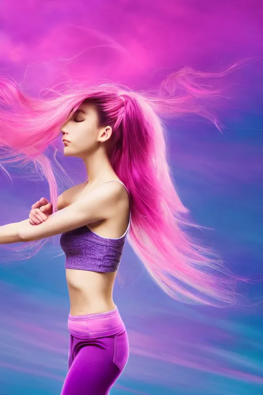 Image similar to a award winning half body shot of a beautiful woman in a croptop with ombre purple pink teal hairstyle with head in motion and hair flying, outrun, vaporware, highly detailed, fine detail, intricate