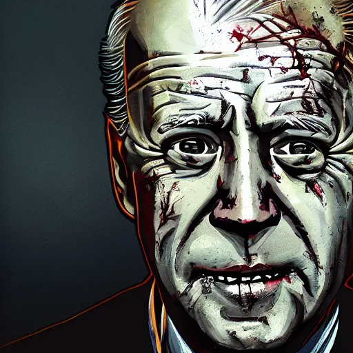 Prompt: joe biden as a rotting zombie, full body portrait, in a front of podeum, horror core, apocalyptic, feeling of grimdark, sharp focus, fiction, hyper detailed, digital art, trending in artstation, cinematic lighting, studio quality, smooth render, unreal engine 5 rendered, octane rendered, art style and nixeu and wlop and krenz cushart