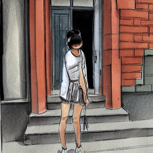 Image similar to fashion sketch of an asian teenager doing a warm up on a brownstone stoop.