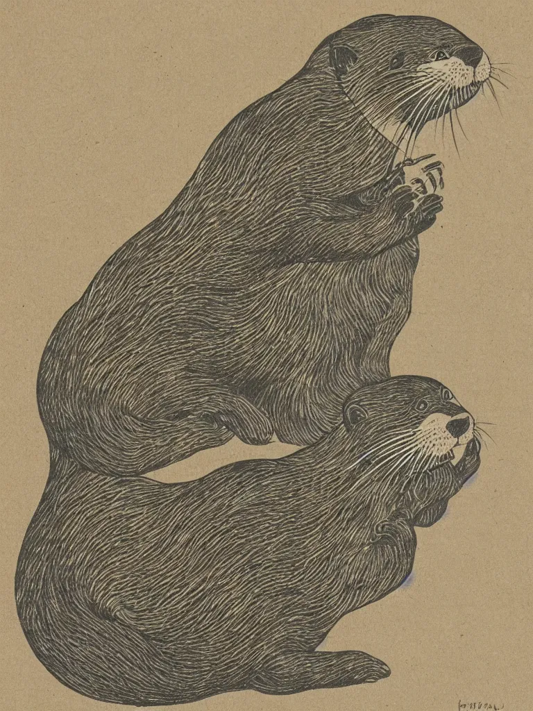 Image similar to print of an otter, Japanese wood cut