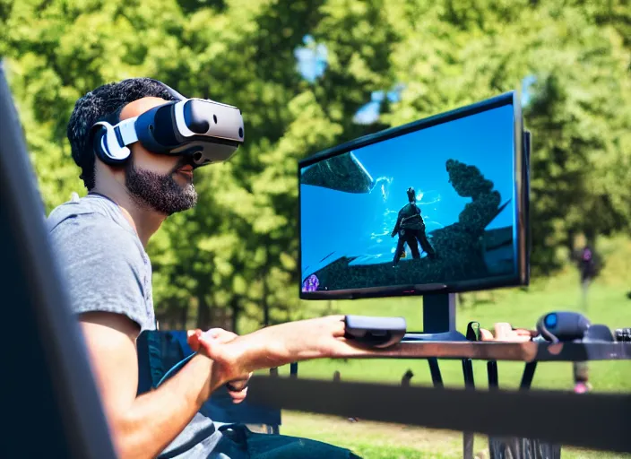 Image similar to photo still of a bronze statue of a man gaming in vr in a park on a bright sunny day, 8 k 8 5 mm f 1 6