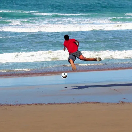 Image similar to a man kicking a ball at the beach