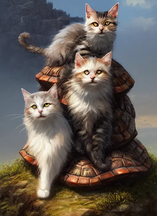 Prompt: Portrait of two scruffy haired cats on a tall mountain sitting on a turtle, realistic, detailed, 4k by Greg Rutkowski Mark Arian trending on artstation