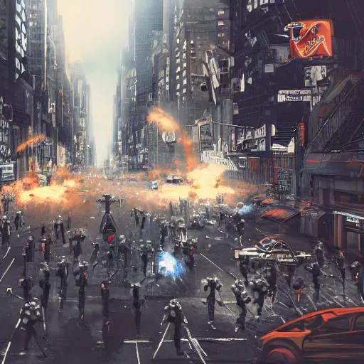 Image similar to robot gangster riot in new york, ultra hyper realistic art, artstation, details, 8 k, very clear picture, cinematic lightning, smooth, hdd, frank miller art style