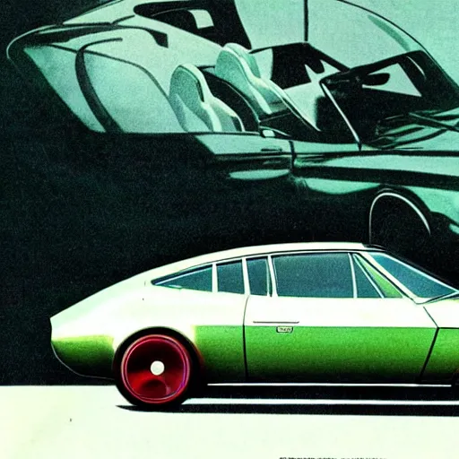 Image similar to tesla model 3, 1 9 7 0 s sports car concept art, vintage car magazine