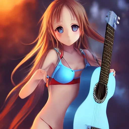 Image similar to a very beautiful young yuuki asuna playing guitar, full body, long wavy blond hair, sky blue eyes, full round face,, bikini, miniskirt, front view, mid - shot, highly detailed, cinematic wallpaper by stanley artgerm lau