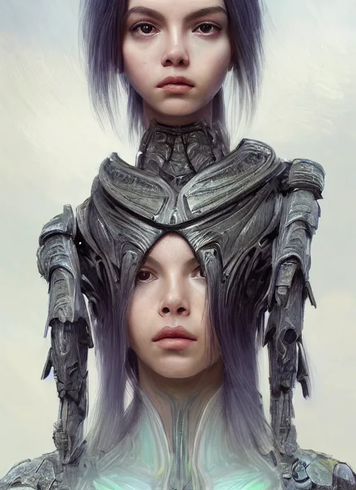 Image similar to a photorealistic portrait of a beautiful young female alien, clothed in ethereal armor, olive skin, long dark hair, beautiful bone structure, symmetrical facial features, intricate, elegant, digital painting, concept art, smooth, sharp focus, finely detailed, illustration, from Valerian and the City of a Thousand Planets, by Ruan Jia and Mandy Jurgens and Artgerm and William-Adolphe Bouguerea