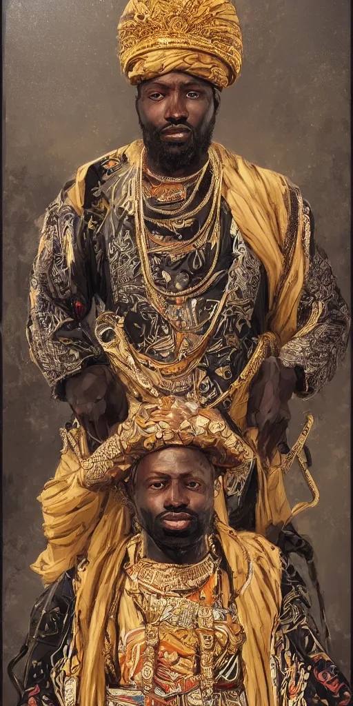 Image similar to a stunning and noble highly detailed romantic period style portrait of mansa musa by josep tapiro baro, by james jean, by kim jung gi, trending on artstation, oil painting masterpiece, symmetry, mysterious, very very very aesthetic, african iconography