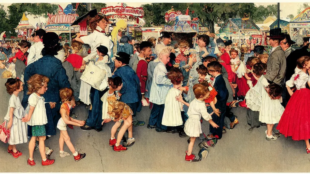 Image similar to kids wandering through a carnival, all ignoring the rides and playing on their phones instead, by Norman Rockwell