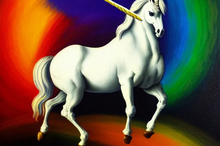 Image similar to detailed traditional painting of a unicorn walking on a rainbow, ( ( rainbow ) ) by caravaggio, authentic, masterpiece, brush strokes, trending on artstation