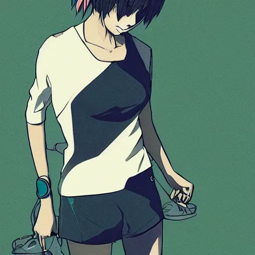 Image similar to shirt art, frame around picture, manga style, realistic lighting, futuristic solid colors, made by ilya kuvshinov, sold on sukebannyc, from arknights, female beach volley player, elegant, round eyes, sport clothing, sneaker shoes, simple green background