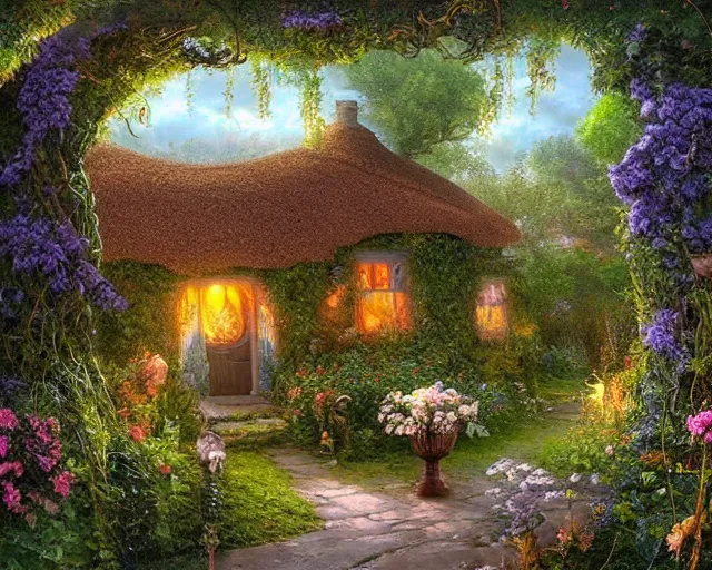 Prompt: a small beautiful cottage in a magical garden, in the foreground is a male!!! winged angel made of vines and flowers and moss, a digital painting by thomas canty and thomas kincade and ross tran, art nouveau, atmospheric lighting, trending on artstation