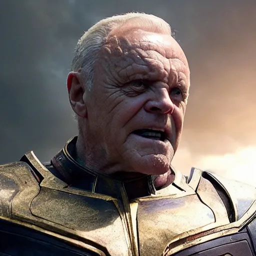 Image similar to Anthony Hopkins playing Thanos in MCU's Endgame, Cinematic, Movie Still