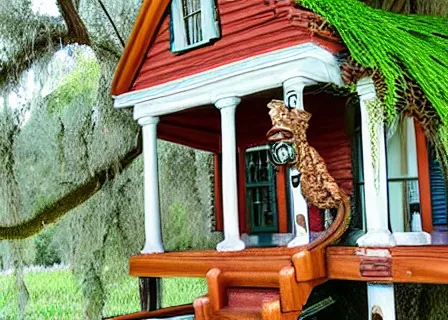 Image similar to Steampunk victorian house, tri-color miniature Australian shepherd dog, blue flower field, over grown oak tree, spanish moss, rusted porch swing, micro details, super realistic,