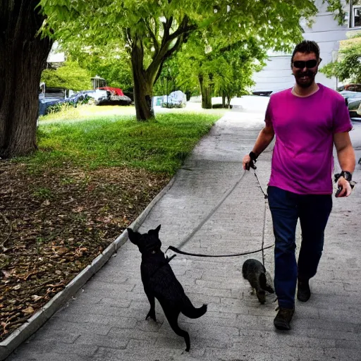 Image similar to photo of a man walking a bizarre creature on a leash like a dog