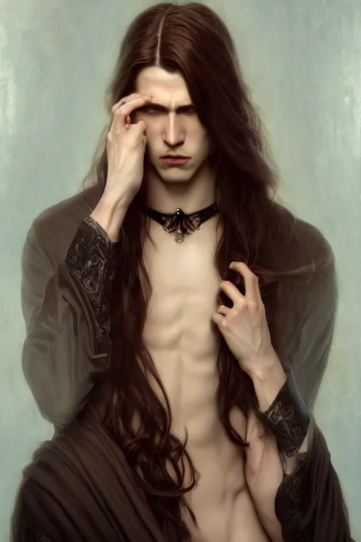 Prompt: a beautiful androgynous man, long hair, deep brown eyes, vampire, illustration, dramatic lighting, soft details, painting oil on canvas, art nouveau, octane render, HDR, 4k, 8k, HD, by Edmund Blair Leighton, Brom, Charlie Bowater, faces by otto schmidt