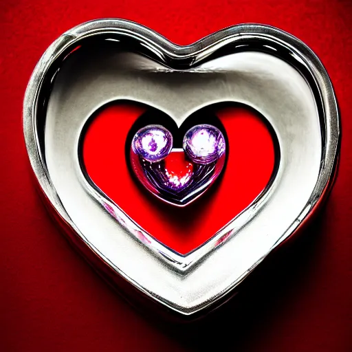 Image similar to a chrome carved heart, glowing gemstone, red light, intricate artwork, graphic style of Patrick Gleason very coherent symmetrical artwork, depth of field, bokeh