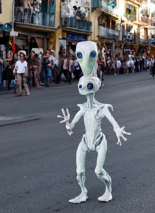 Prompt: an alien walking trying so hard not being recognized in the middle of the street during Feria de Malaga, ultra realistic