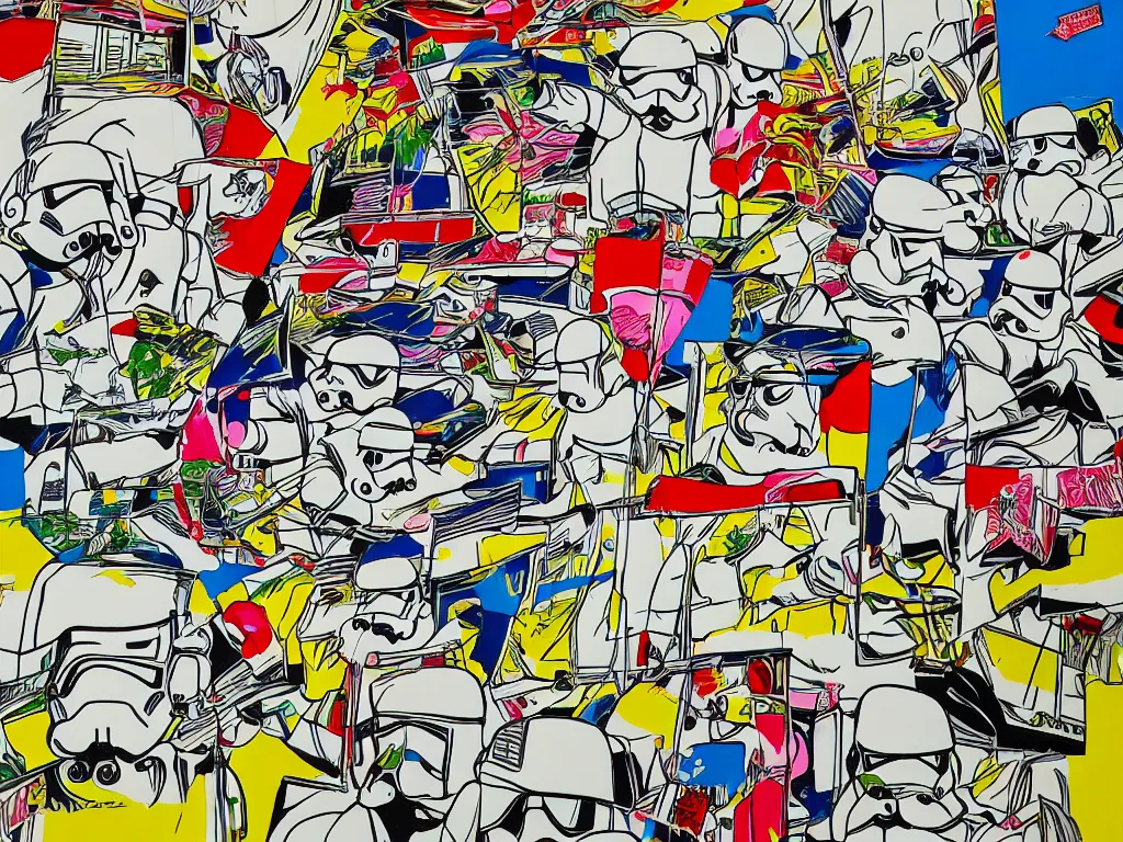 Image similar to detailed close - up image of the japanese home with a garden, stormtroopers in hot springs, pop - art style, jacky tsai style, andy warhol style, roy lichtenstein style, rich palette, acrylic on canvas