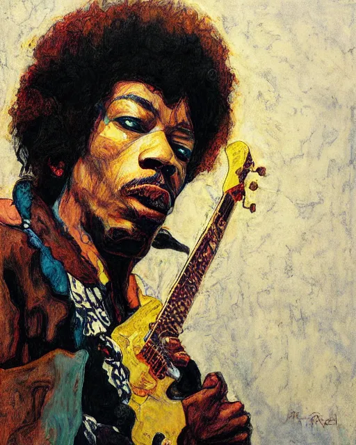 Prompt: portrait of jimi hendrix by greg rutkowski in the style of egon schiele