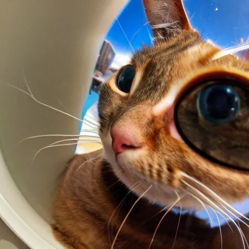 Prompt: a completely brown haired cat wearing a space suit taking a selfie, fisheye lens