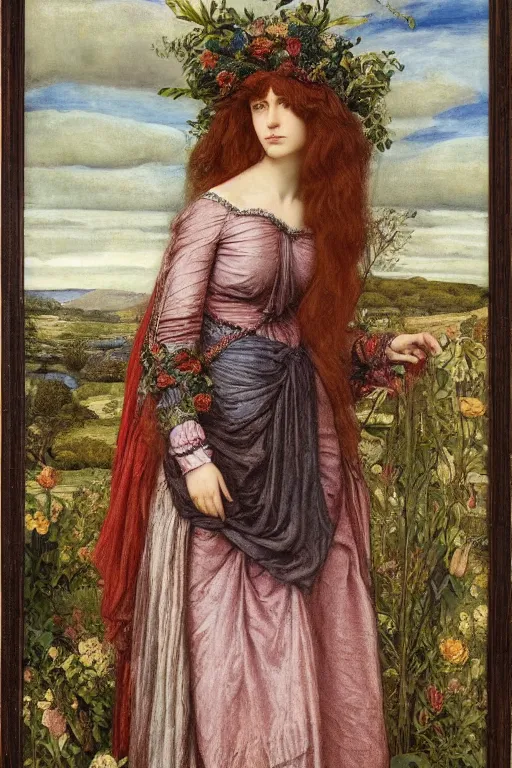 Image similar to a pre - raphaelite portrait of a woman in a mythical dress with floral decoration