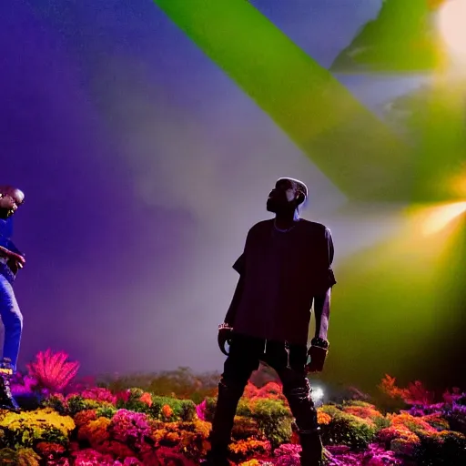 Prompt: a photo of kanye west and kid cudi performing in the middle of a garden, dramatic, ektachrome, vintage, wide angle, warm color palette, light mode, 2. 5 - dimensional, 1 6 k, ultra - hd, megapixel, cga, rays of shimmering light, mist, screen space reflections