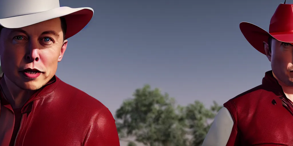 Image similar to 3d render of elon musk wearing a red cowboy hat, octane, 4k