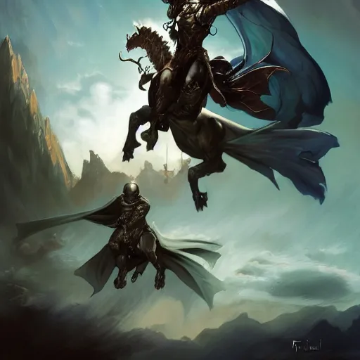 Image similar to hooded knight riding a wyvern by frank frazetta, flowing cape, dynamic pose, chiaroscuro, fantasy, very detailed, dungeons & dragons, sharp focus, striking, artstation contest winner, detailed