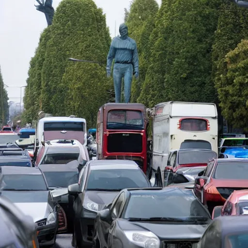 Image similar to statue of a car driver stuck in traffic